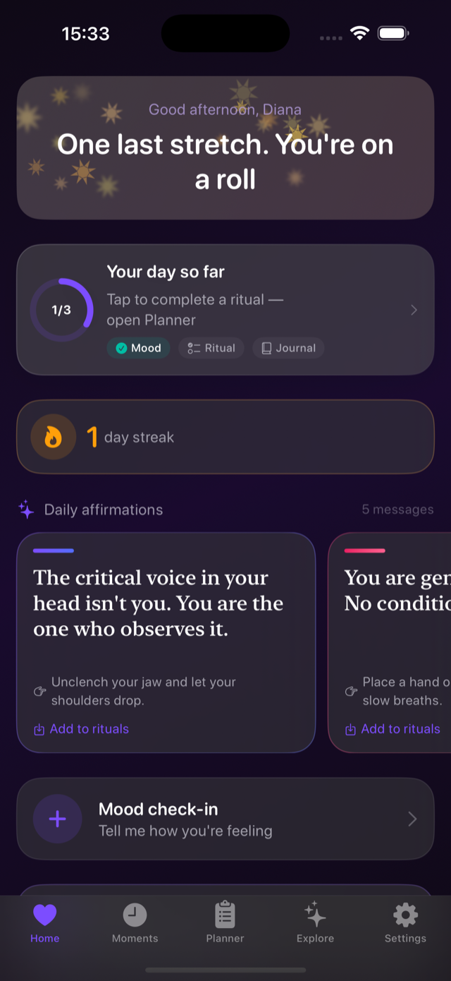 Alinare home screen with daily affirmations and today's progress